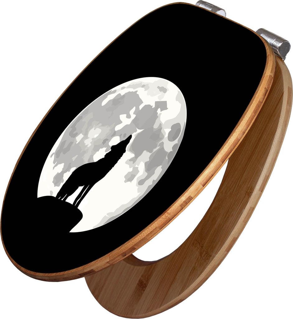banjado Design WC Sitz Bambus Absenkautomatik -Heulender Wolf SW - Toilettendeckel mit Absenkautomatik Holz/hochwertiger Bambus Klodeckel/WC-Sitz f...