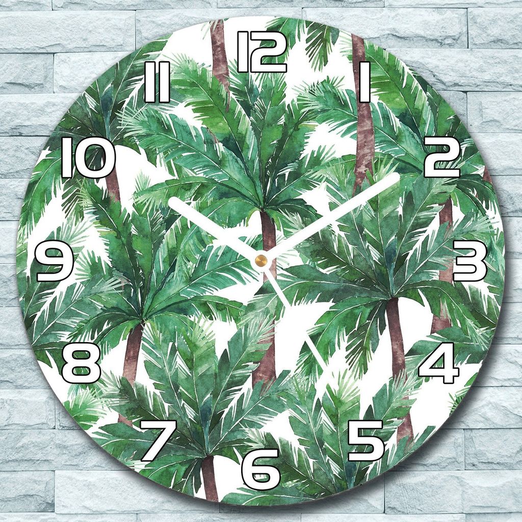 Wanduhr aus Glas Rund fi 30 Aquarell Palmen Grün Quarz Deko Schlafzimmer Büro