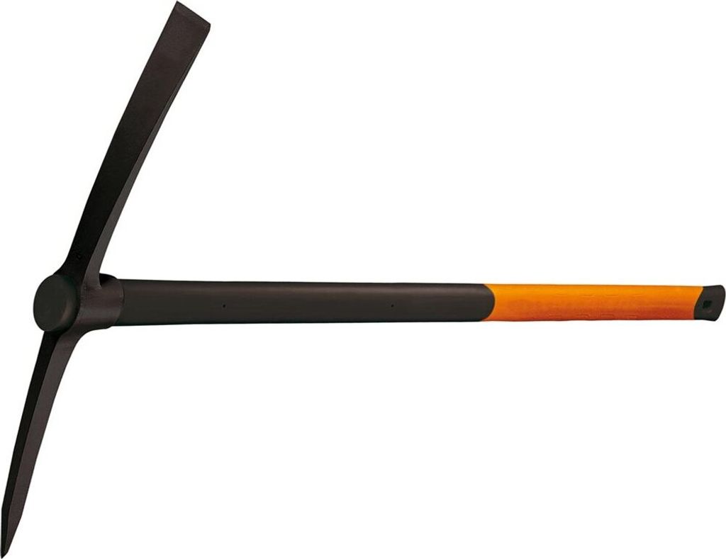 A Fiskars Kreuzhacke (pickaxe) is shown against a white background.