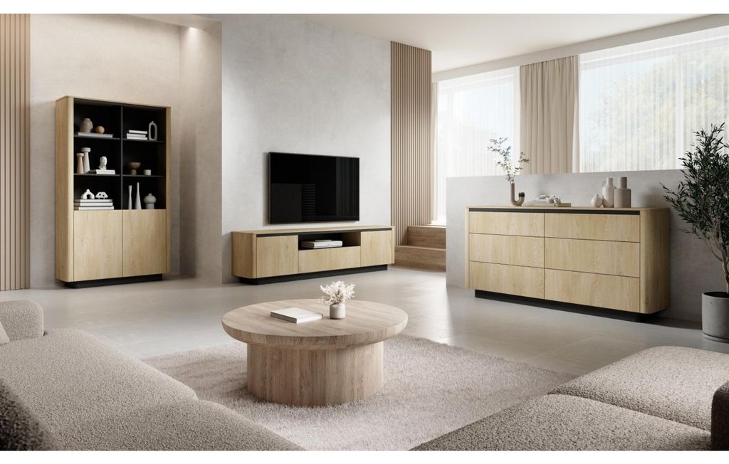 Modernes 2-türiges Regal mit offenen Fächern TOLLO, Holzregal mit schwarzen Akzenten, 113 cm breites Bücherregal