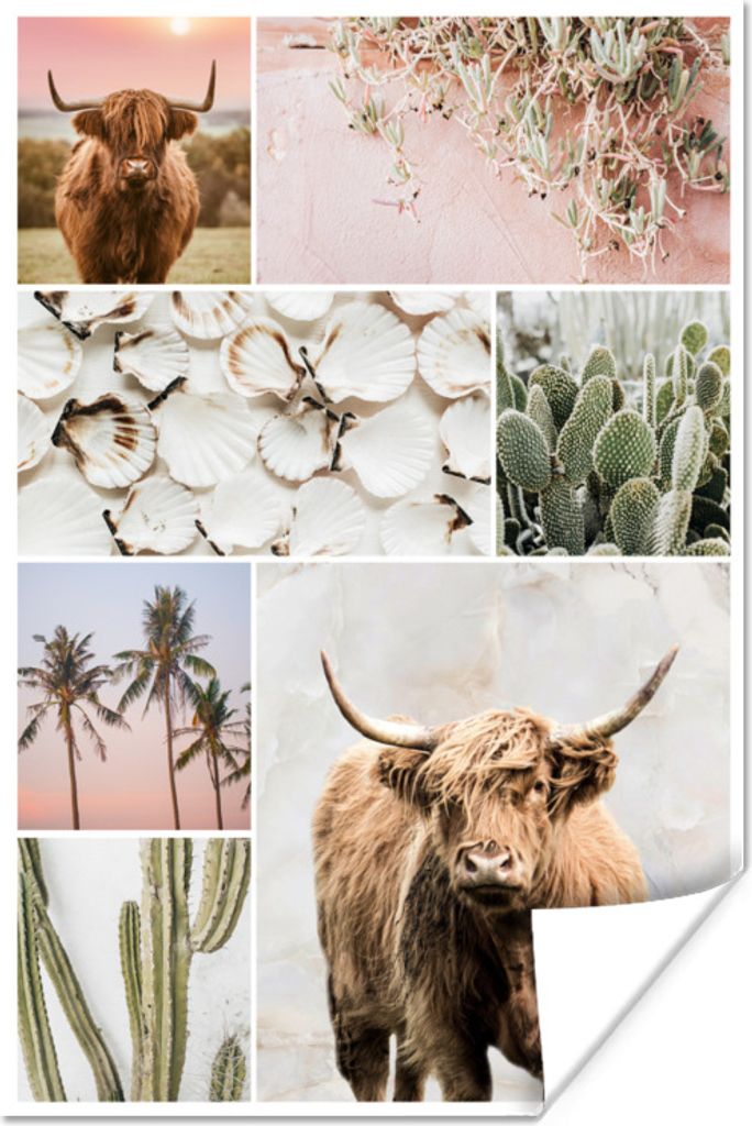MuchoWow Poster Schottische Highlander - Collage - Pflanzen 80x120 cm - Papierdruck