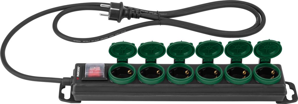 A black power strip with six green-covered outlets and a red switch is shown against a white background.
