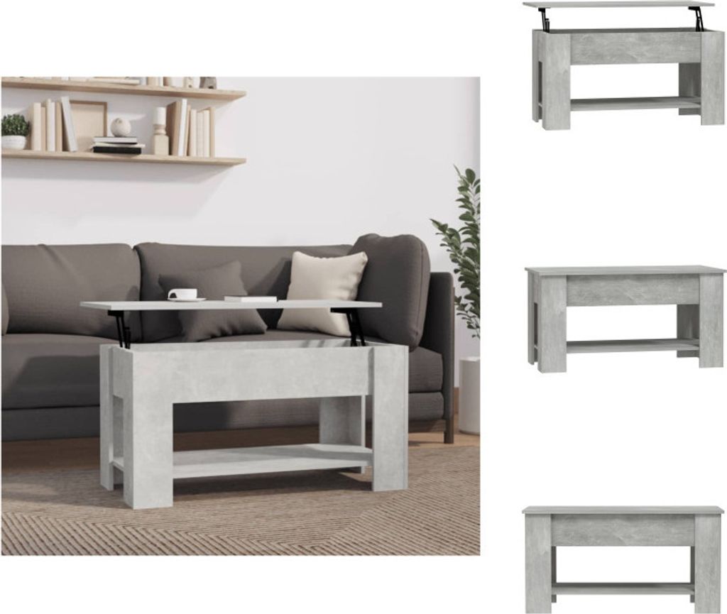 A lift-top coffee table is shown in a living room setting next to a sofa.