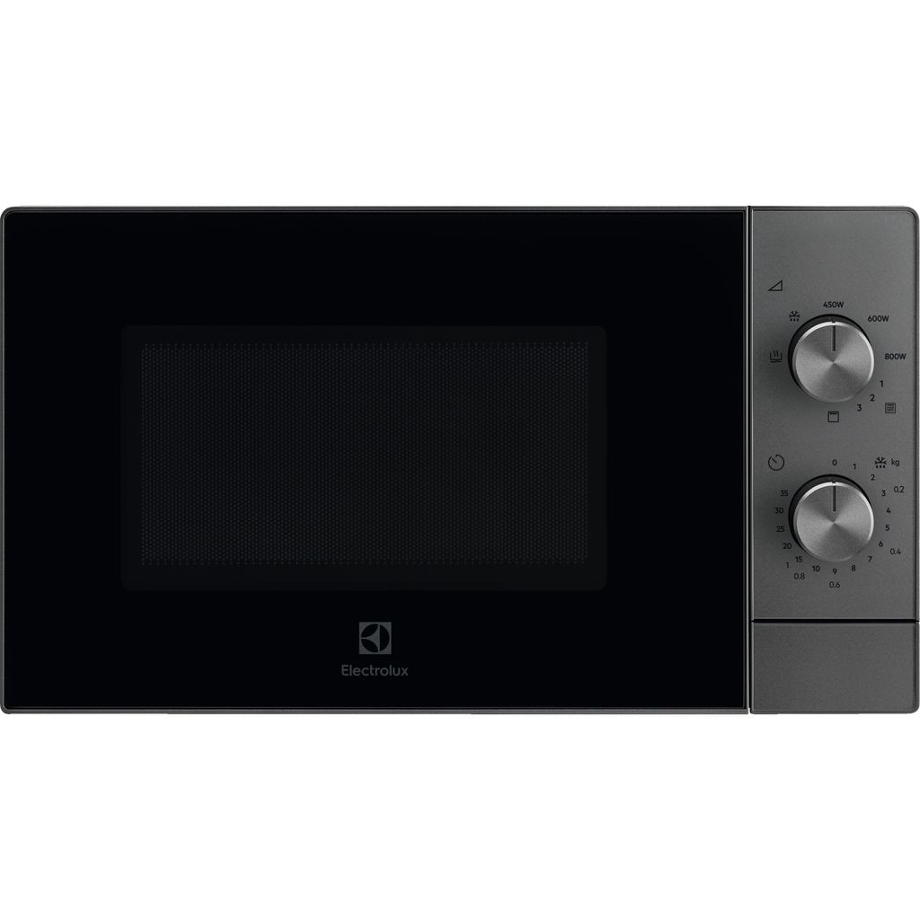 A front view of a black and gray Electrolux microwave oven against a white background.