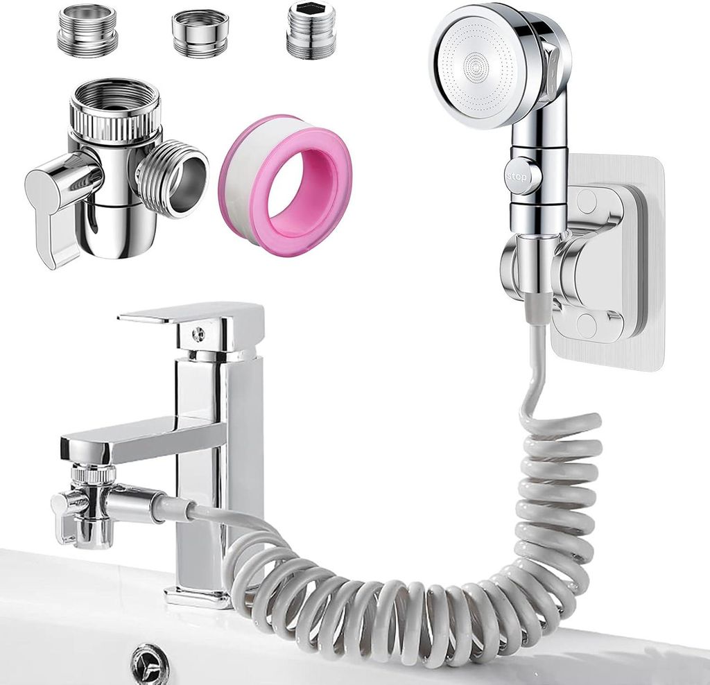 3-Modus-Waschtisch-Duschkopf mit 2 m Teleskopschlauch und Halterung, Duschkopf-Set für Waschtisch mit 3-Wege-Umstellventil M22-24 G1/2 (grauer Sch...