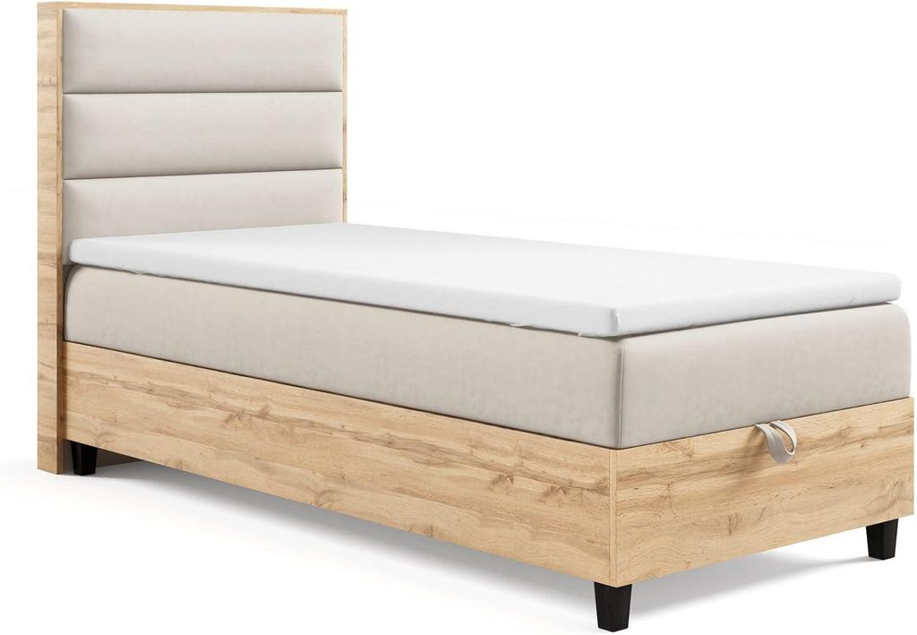 Trinity K-1 Einzelbett 90x200 Beige | Boxspringbett mit Bettkasten | Bonellfederkern & Topper | Polsterbett mit Kopfteil | Lieferung Bordsteinkante