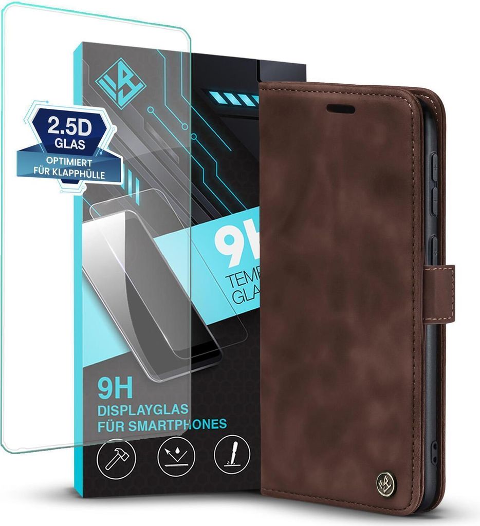 Handy Hülle für Samsung Galaxy Xcover7 mit 9H Displayglas Klapphülle Bookcase Flip Cover Handy Tasche Etui Farbe: Dunkelbraun