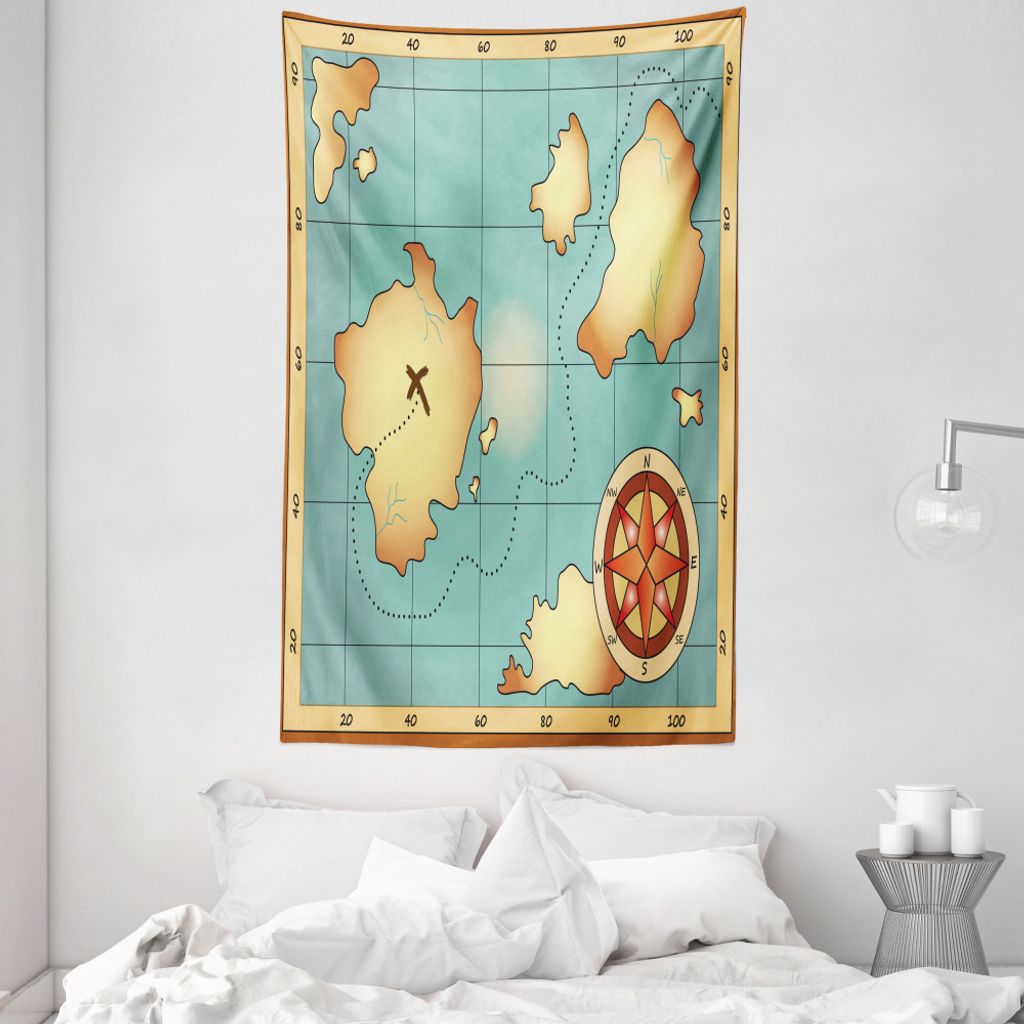 ABAKUHAUS Karte Wandteppich und Tagesdecke, Schatz Compass aus Weiches Mikrofaser Stoff Waschbar ohne Verblassen Digitaldruck, 140 x 230 cm, Creme ...