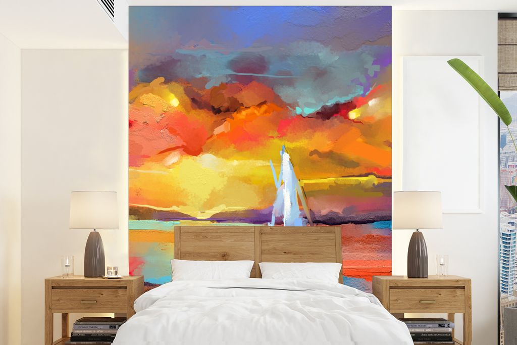 MuchoWow Fototapete für Wohnzimmer oder Schlafzimmer Wandtapete Vinyl Motivtapete Malerei - Ölfarbe - Boot - Farben - 175x240 cm - Schlafzimmer...