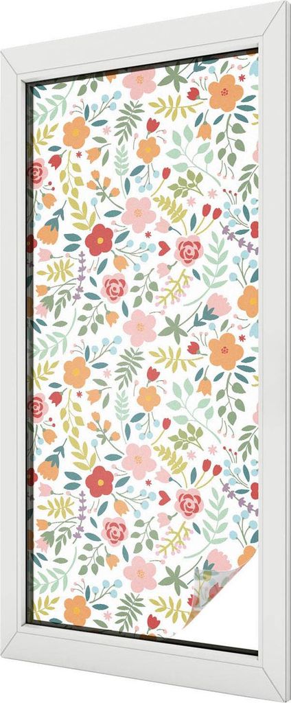 Buntglas Fensterfolie – 116x50 cm – Stained-Glass Design – blickdichte dekorative Sichtschutzfolie – selbstklebend, UV-Schutz – Blumenmuster