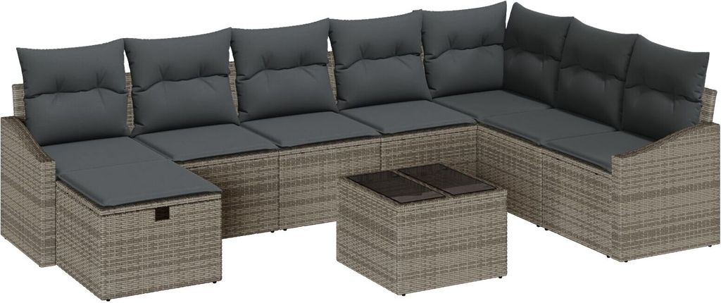 9-teiliges Garten Sofaset mit Kissen Grau Poly Rattan, Gartensofas DesignMöbel Neu