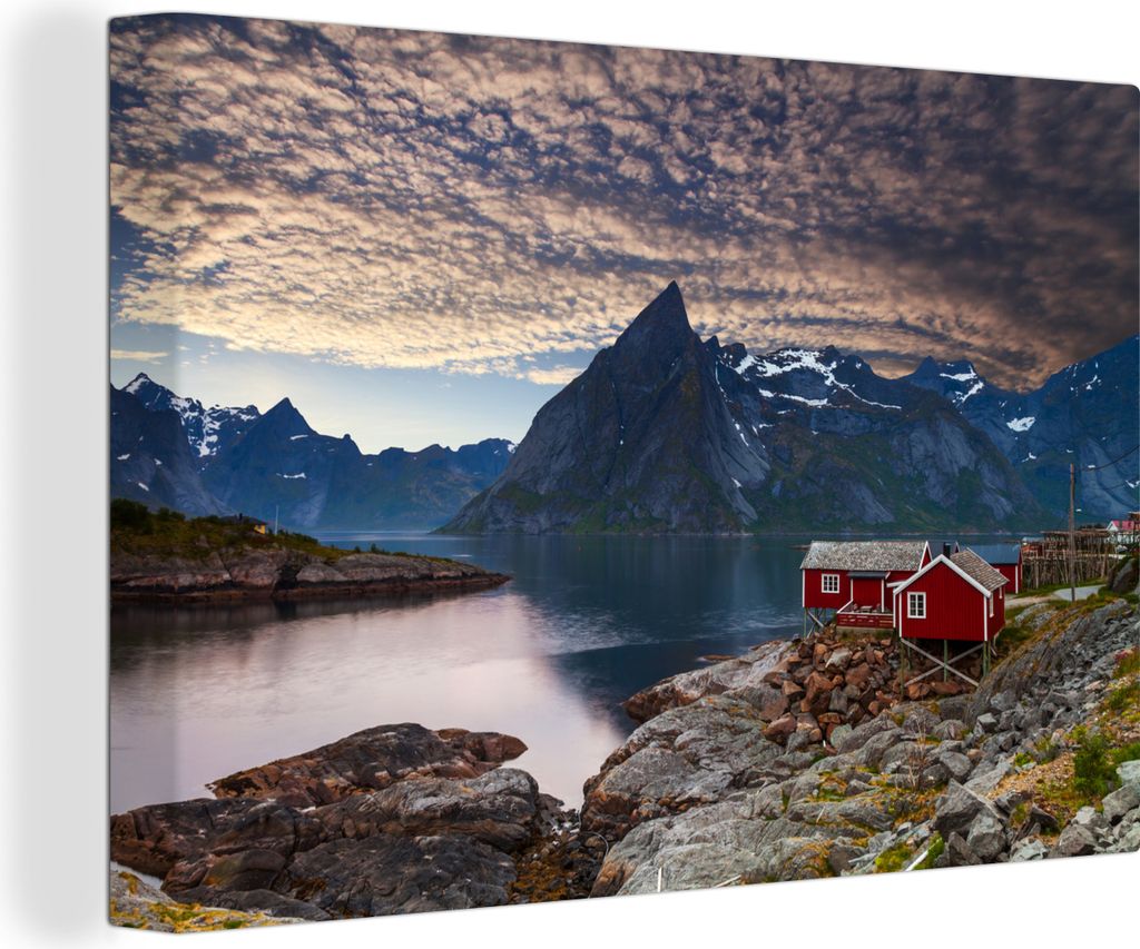 MuchoWow - Leinwandbilder - Buntes skandinavisches Haus am See, Wandbild, Wanddeko Bilder Wohnzimmer, 30x20 cm