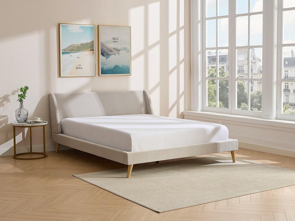 Skandinavisches Bett 160 x 200 cm - Stoff - Beige + Matratze - BENEDICTE