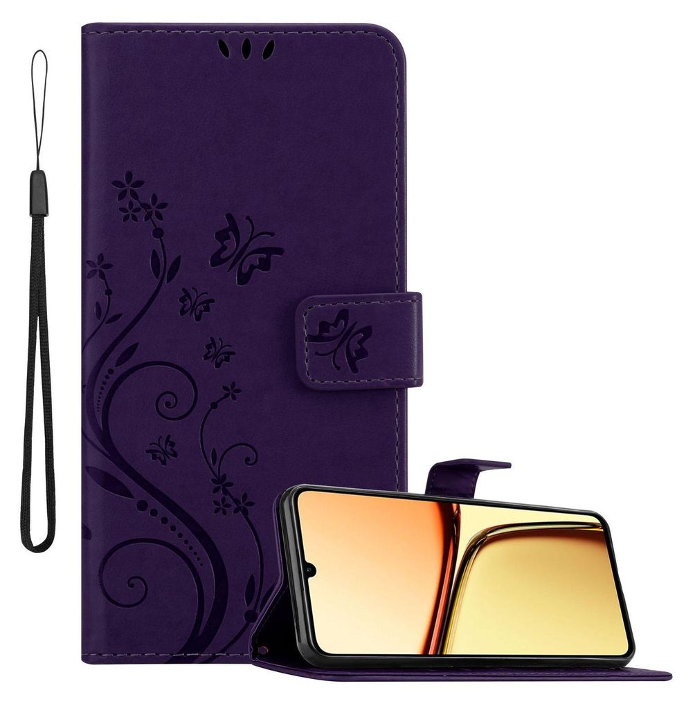 Cadorabo Hülle für Realme C61 / C63 Hülle in FLORAL DUNKEL LILA Schutzhülle im Blumen Design mit Magnetverschluss, Standfunktion und Kartenfäc...