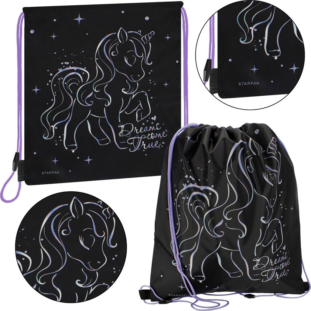 Einhorn holo schwarzer Turnbeutel, 39x33 cm STARPAK