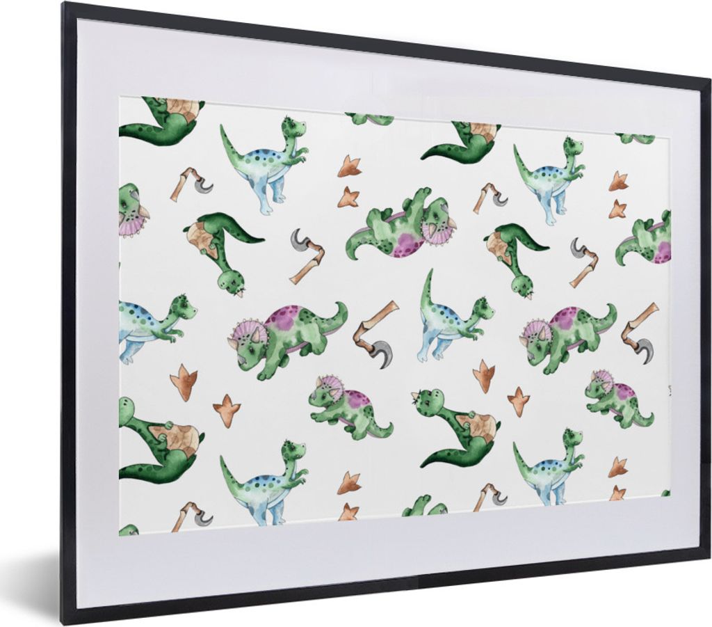 MuchoWow Gerahmtes Poster Dinosaurier - Muster - Kinderzimmer - Jungen - Mädchen - Kinder 40x30 cm - Poster mit Schwarzem Bilderrahmen Wandposte...