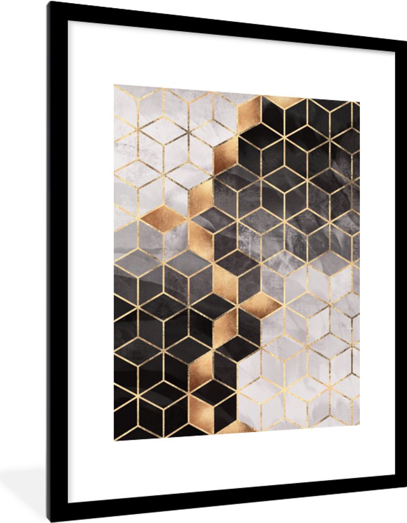 MuchoWow Gerahmtes Poster Abstrakt - Würfel - Gold - Muster - Schwarz - Weiß 60x80 cm - Poster mit Schwarzem Bilderrahmen Wandposter Rahmen Fot...