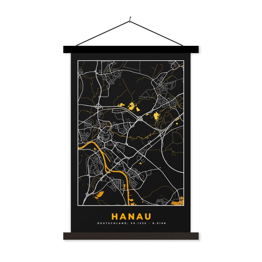 MuchoWow Textilposter Hanau - Karte - Gold - Deutschland - Stadtplan 60x90 cm mit schwarzem Rahmen - Poster Wohnzimmer