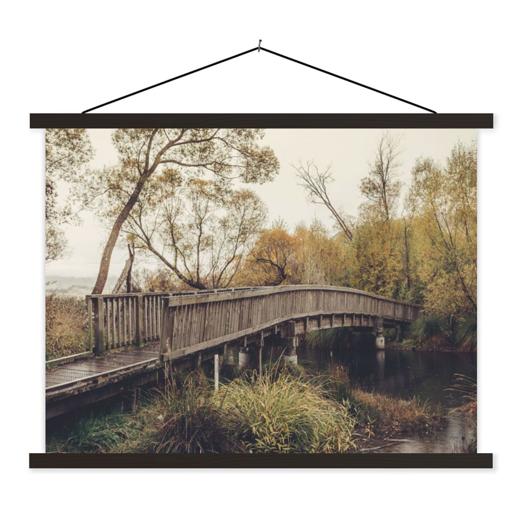 MuchoWow Textilposter Herbst - Brücke - Bäume 150x113 cm mit schwarzem Rahmen - Wohnzimmer
