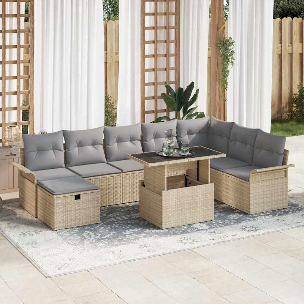 "Rabatt" Garten-Sofa-Set - Balkonmöbel/Terrassenmöbel - mit Kissen mit Speicher - 9 pcs Beige Poly Rattan - Lounge-Dining set CC13217