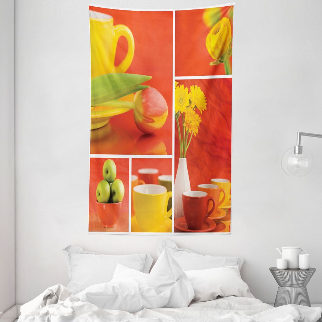 ABAKUHAUS Kaffee Wandteppich und Tagesdecke, Kaffeetassen Tulpen Äpfel aus Weiches Mikrofaser Stoff Waschbar ohne Verblassen Digitaldruck, 140 x 2...
