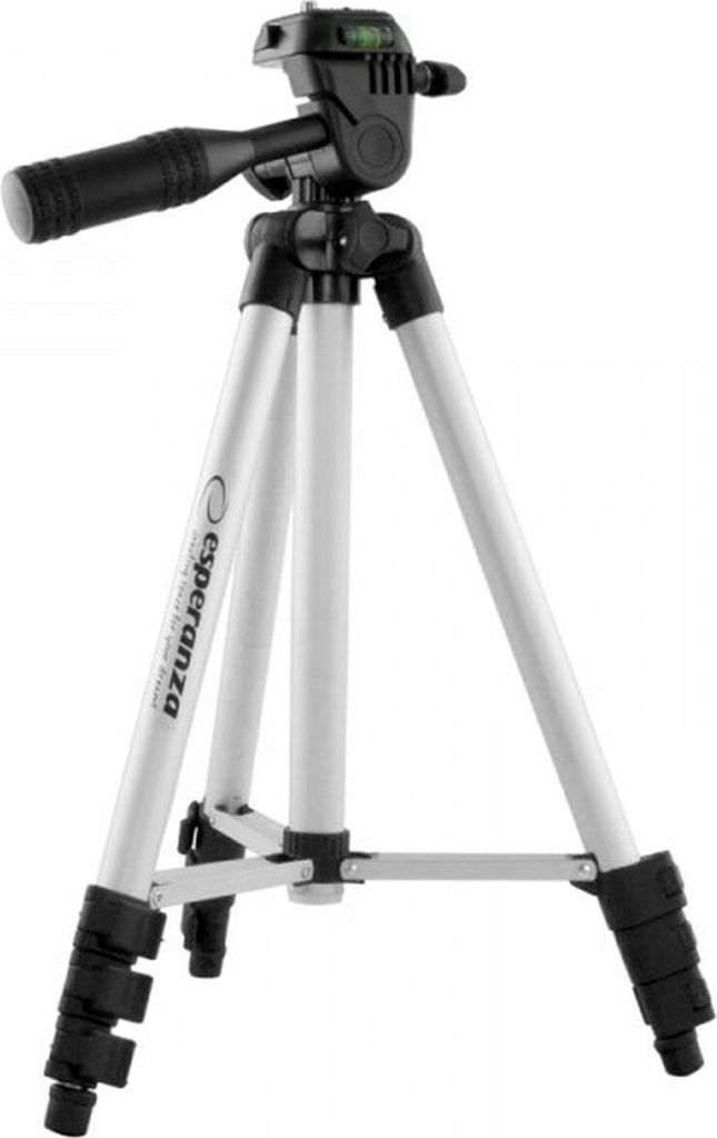 A silver and black tripod is shown against a white background.
