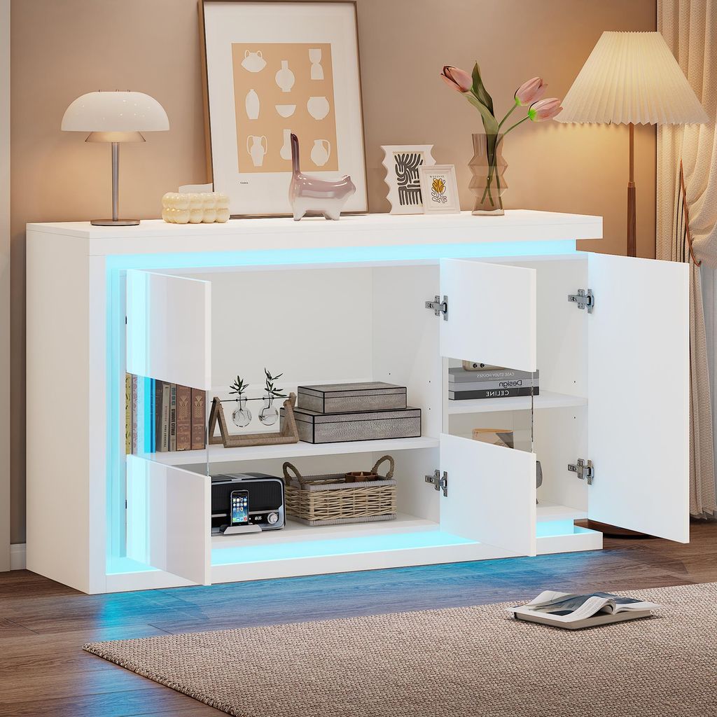 STILVORA Hochglanz-Sideboard mit 4 Fächern,Wohnzimmerschrank mit LED-Lichtleiste,Beistellschrank Aufbewahrungsschrank mit Türen aus gehärtetem G...