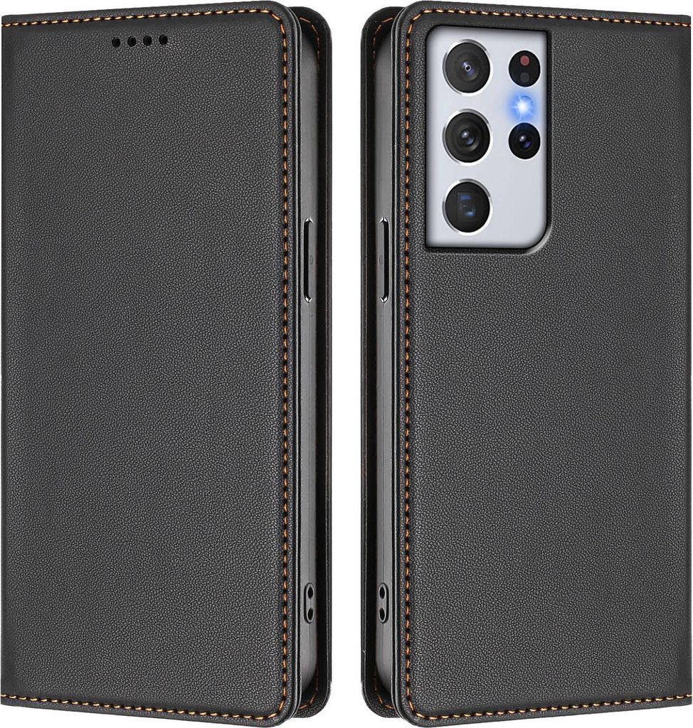 Handyhülle für Samsung Galaxy S21 Ultra 5G, Kunstleder Klapphülle Stoßfeste Magnetische Hülle mit Ständer Schwarz