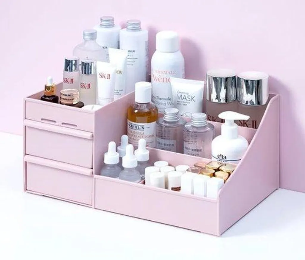 Fini le désordre : Rangement maquillage rose à tiroirs pour coiffeuse
