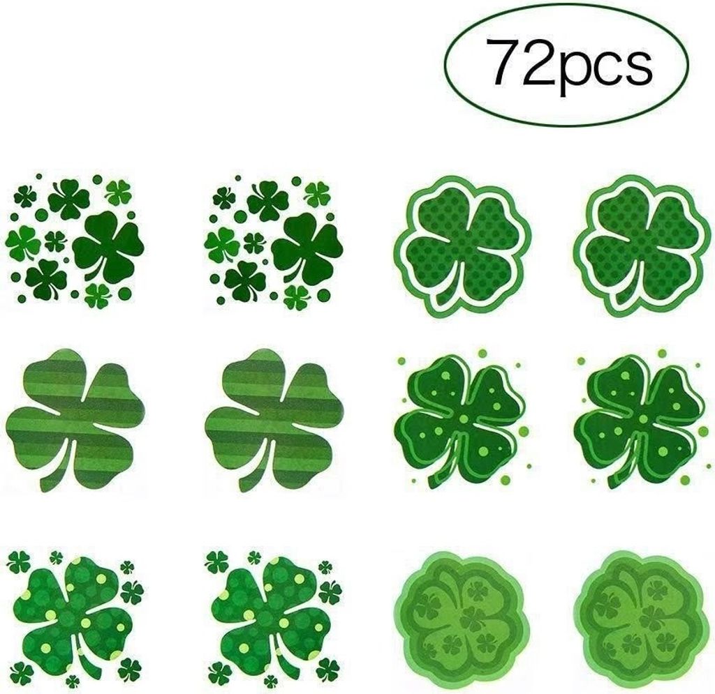 Irische Aufkleber St. Patrick's 72 kleine Aufkleber-Set mit vierblättrigen Kleeblättern, irische Karnevalsparty-Tattoo-Aufkleber