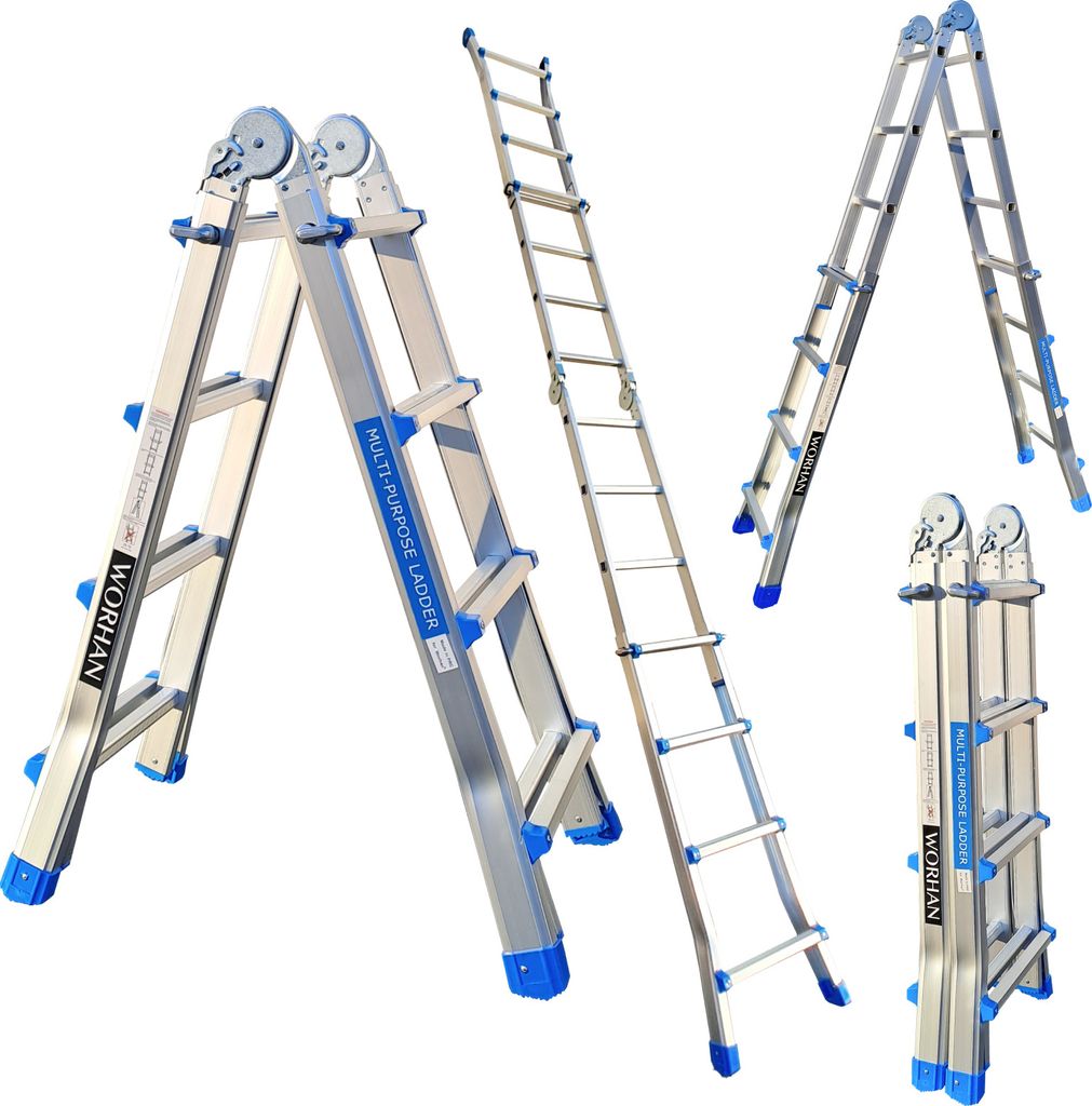 Multiple configurations of a silver and blue multi-purpose telescopic ladder are displayed against a white background.