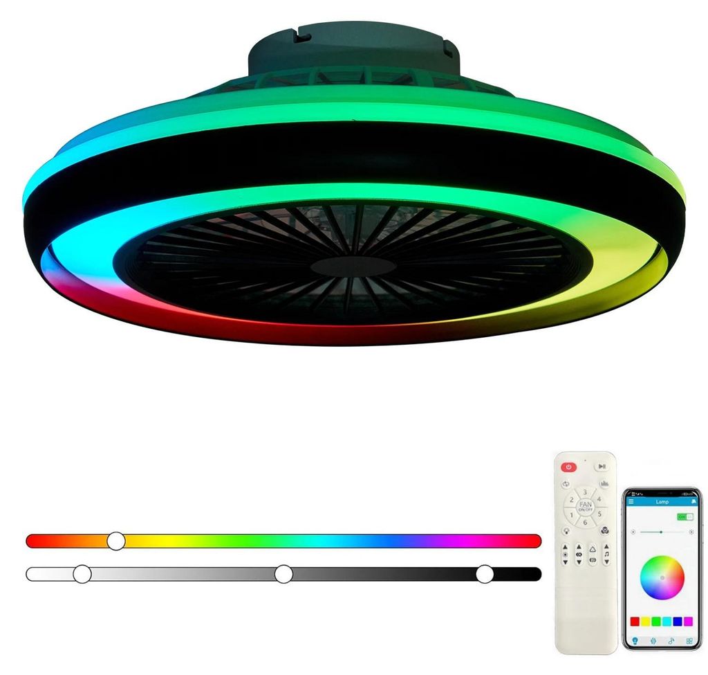 Smart RGB LED Deckenventilator Lampe - Flache Deckenleuchte mit Ventilator - 8 Flügel - 6 Geschwindigkeiten - RGB Licht - 3 Farbtemperaturen - 35 ...