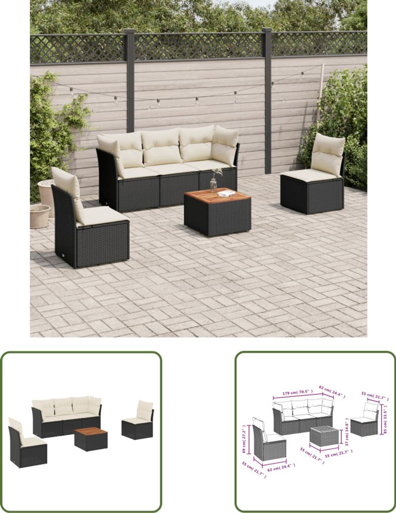 The Living Store 6-tlg. Garten-Sofagarnitur mit Kissen Schwarz Poly Rattan