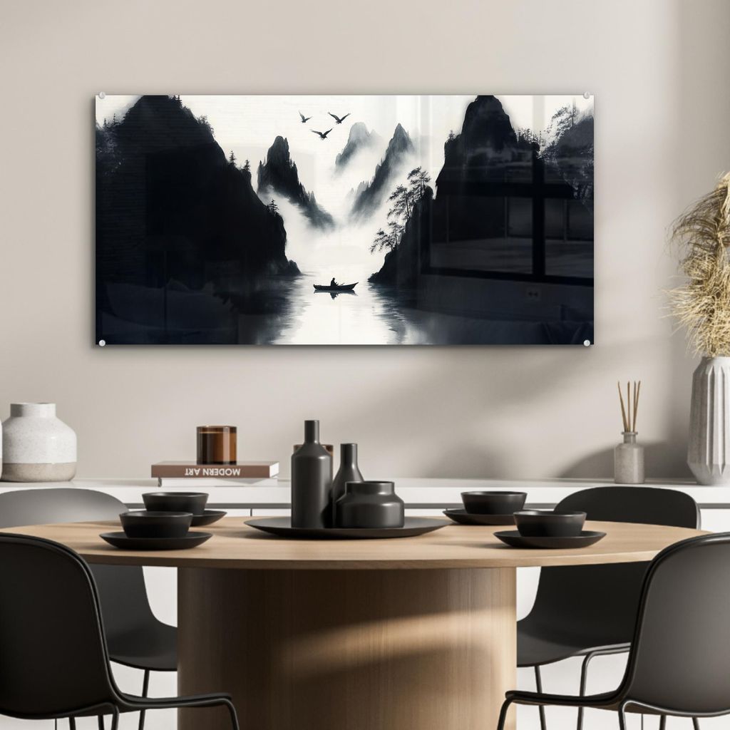 MuchoWow Glasbilder - Bilder auf Wandbild - Foto auf Glas Ruderboot - Neblig - Berge - Vögel 80x40 cm Wanddekoration aus Glas - Acrylglasbild - Ac...