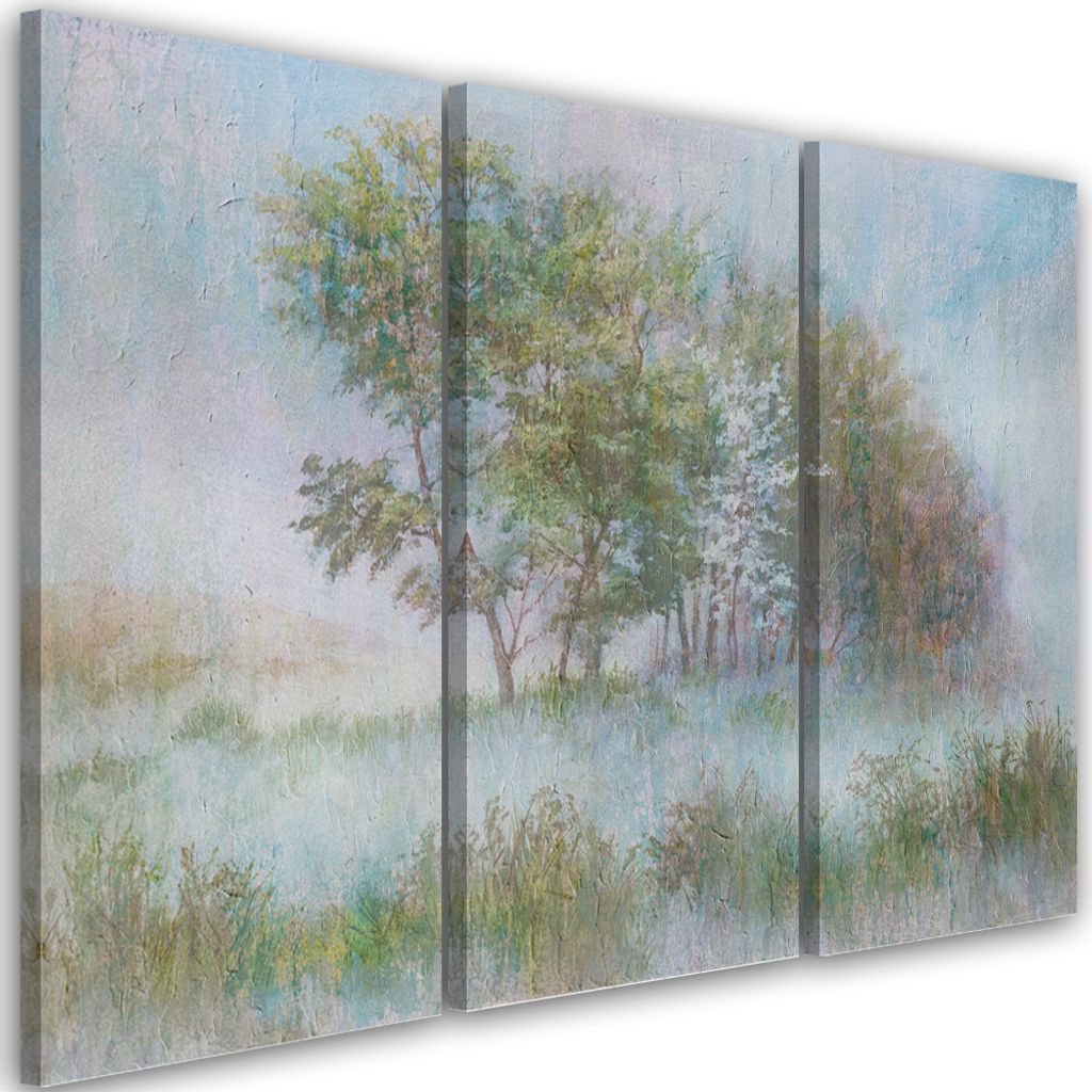 Triptychon auf leinwand bäume auf einer nebligen wiese 90x60 cm Feeby grün wandbild bereit zum aufhängen