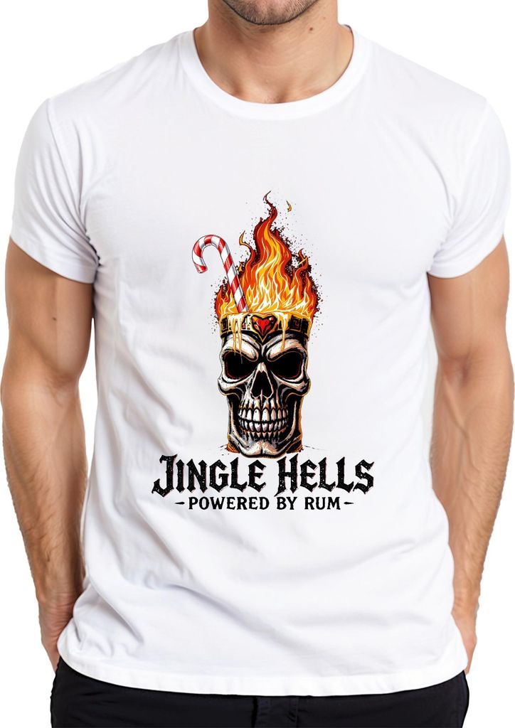 Jingle Hells Powered by Rum Totenkopf Weihnachten Flammen lustig Herren T-Shirt, Weiß, XXL