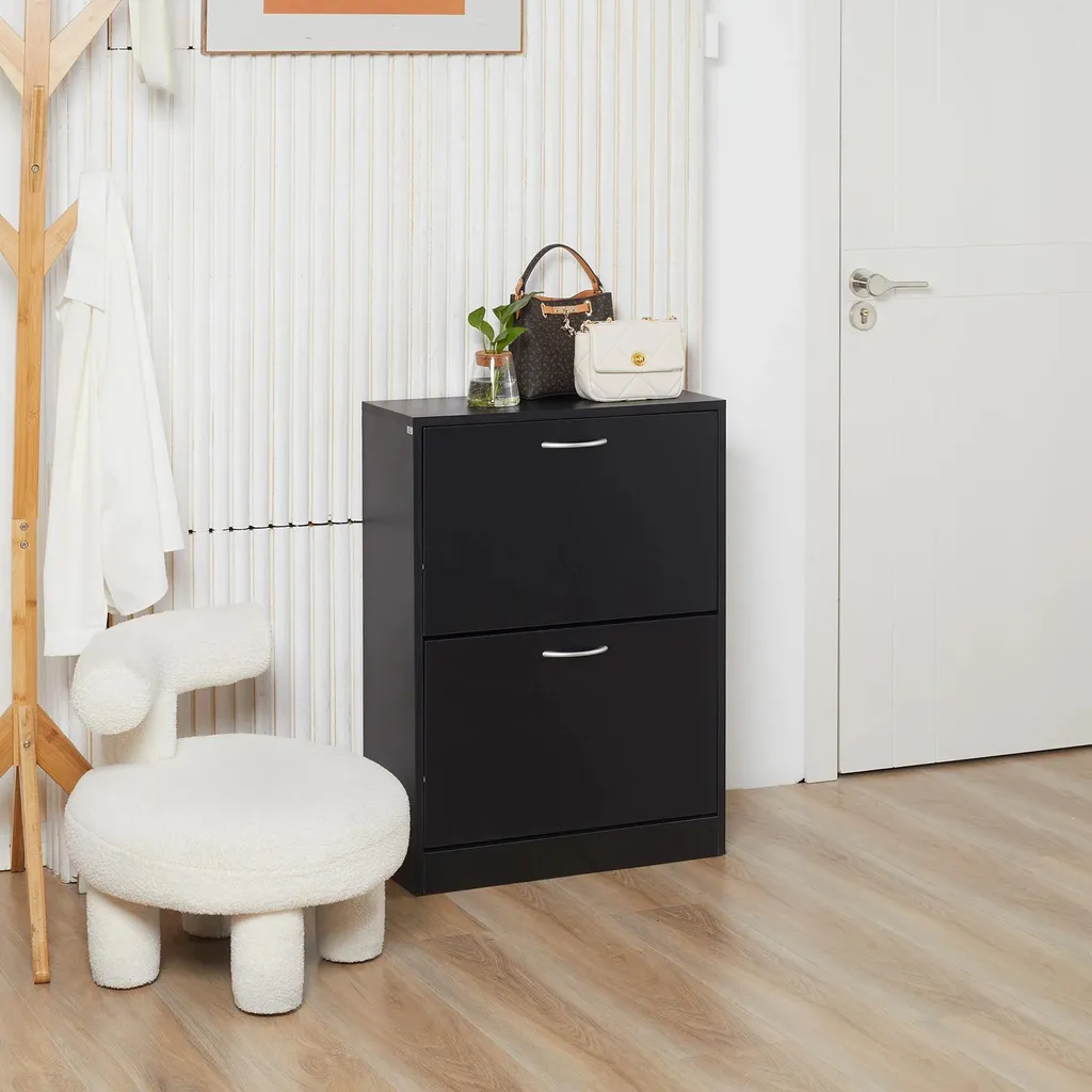 Meuble à chaussures noir avec 2 tiroirs - 60×24×80 cm - Design moderne - 2