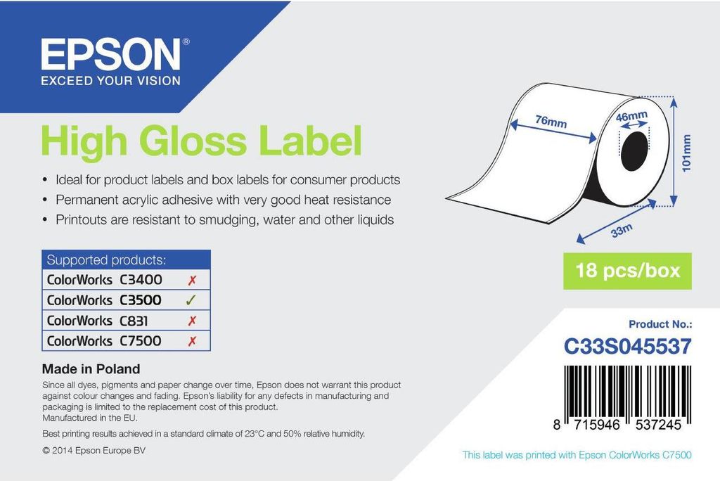 Epson Etiketten C33S045537  76mm x 33m  High Gloss Label Produktbild 