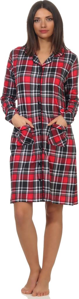 Damen Nachthemd zum durchknöpfen in Karo-Optik - Single Jersey - auch in Übergrössen ; rot , 40
