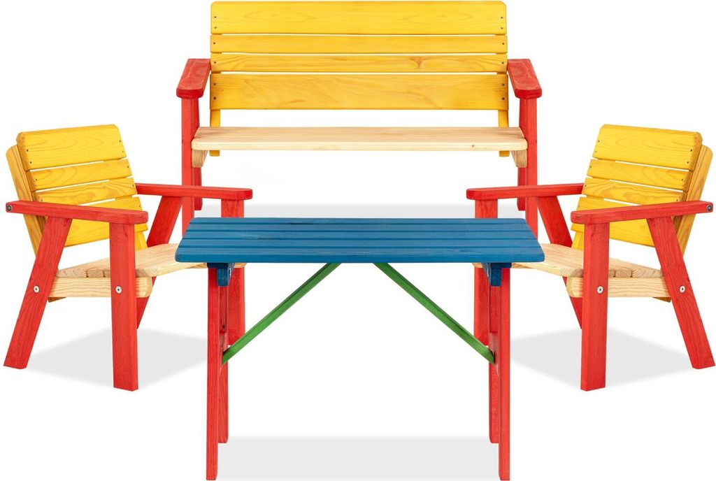 Konsimo KindergartensetHergestellt in EU und Handgefertigt "PECARI", rot/blau/gelb/braun, aus massivem Kiefernholz, 43x50x40cm | 81x50x40cm | 70x48...