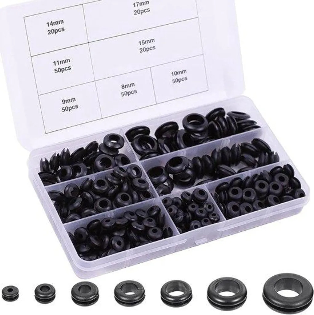Assortiment de passe-fils en caoutchouc noir - 260 unités multi-tailles