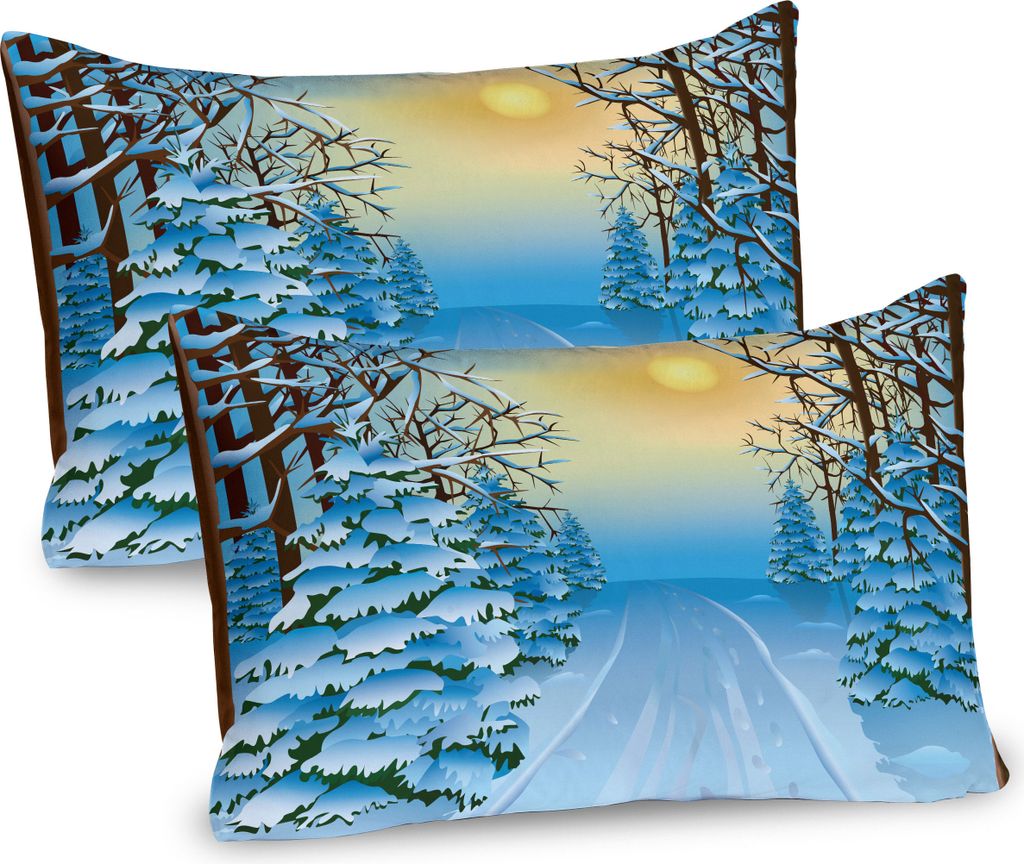 ABAKUHAUS Winter Kissenbezug Packung mit 2, Forest View Grafik Display Print mit Snowy Path zwischen Bäumen und Sonne am Himmel, Dekorativer Gedru...