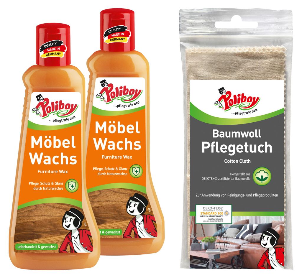 Poliboy Möbel Wachs - 2x 200ml mit Baumwolltuch - für alle Produktbild 