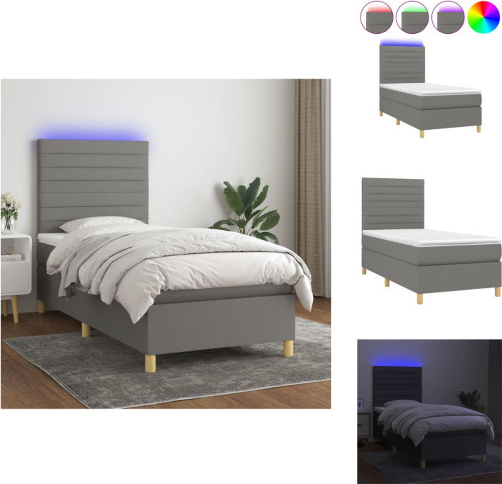 vidaXL Boxspringbett mit Matratze & LED Dunkelgrau 100x200 cm Stoff - Betten & Bettgestelle