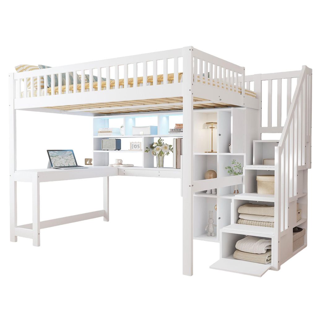 Hochbett mit Schreibtisch, Regal, Schrank, Rausfallschutz, Treppe und Stauraum, 140x200 cm, Kinderbett, Jugendbett, Kiefer