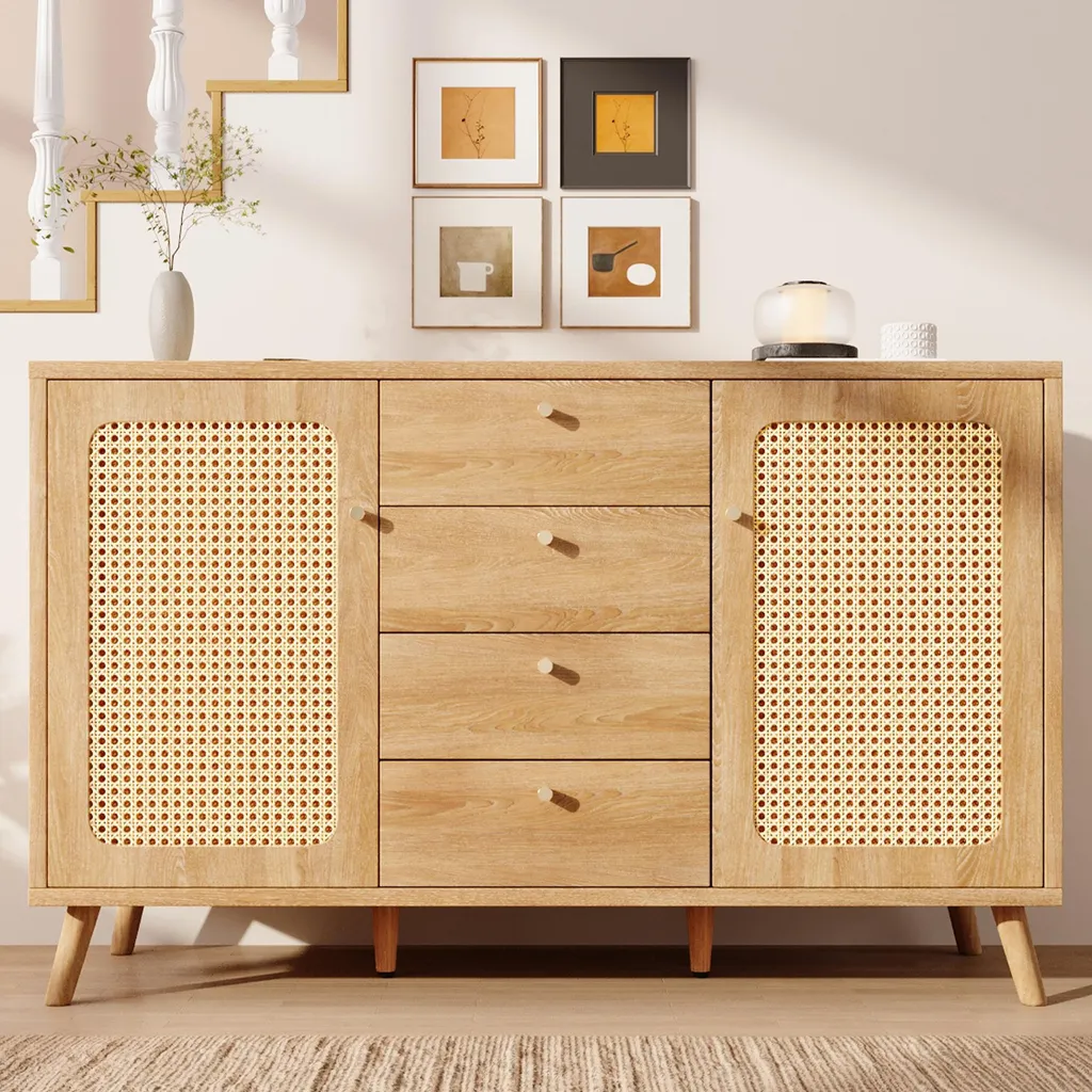 Buffet Bas Chêne Clair : Solution Rangement Cannage pour Salon Ordonné - 3