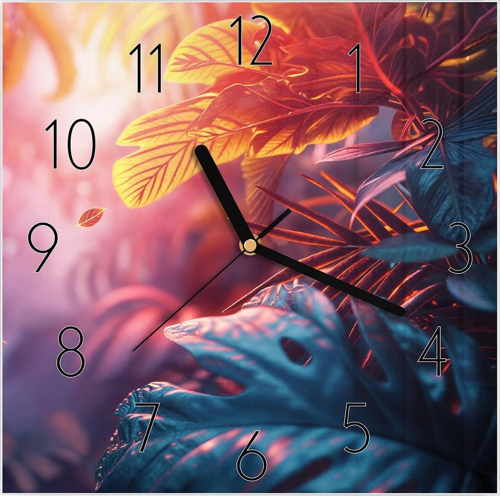 Wanduhr aus Glas mit Motiv Lichtdurchfluteter Dschungel- 30 x 30 cm - inkl. Aufhängesystem