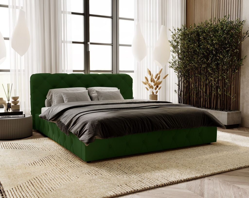 Polsterbett 160x200 glamour Alise - Doppelbett mit Bettkasten, Lattenrost, Schlafzimmer (Grün - Amor Velvet 4311)