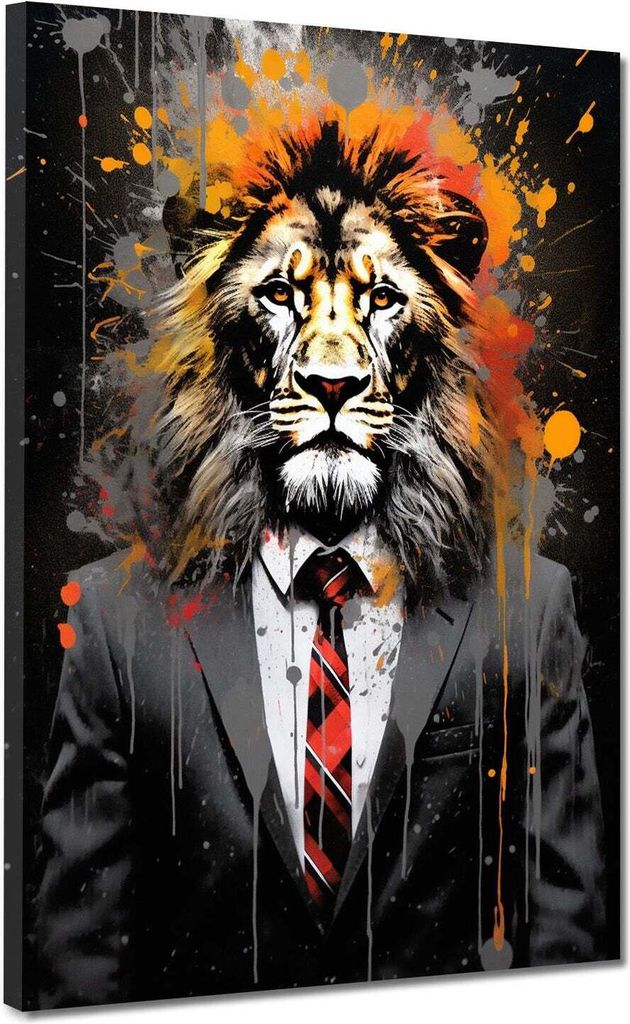 Abstrakt Löwe im Anzug Pop Art Leinwandbild Wandbild Kunstdruck XL Deko: 90x120x4cm
