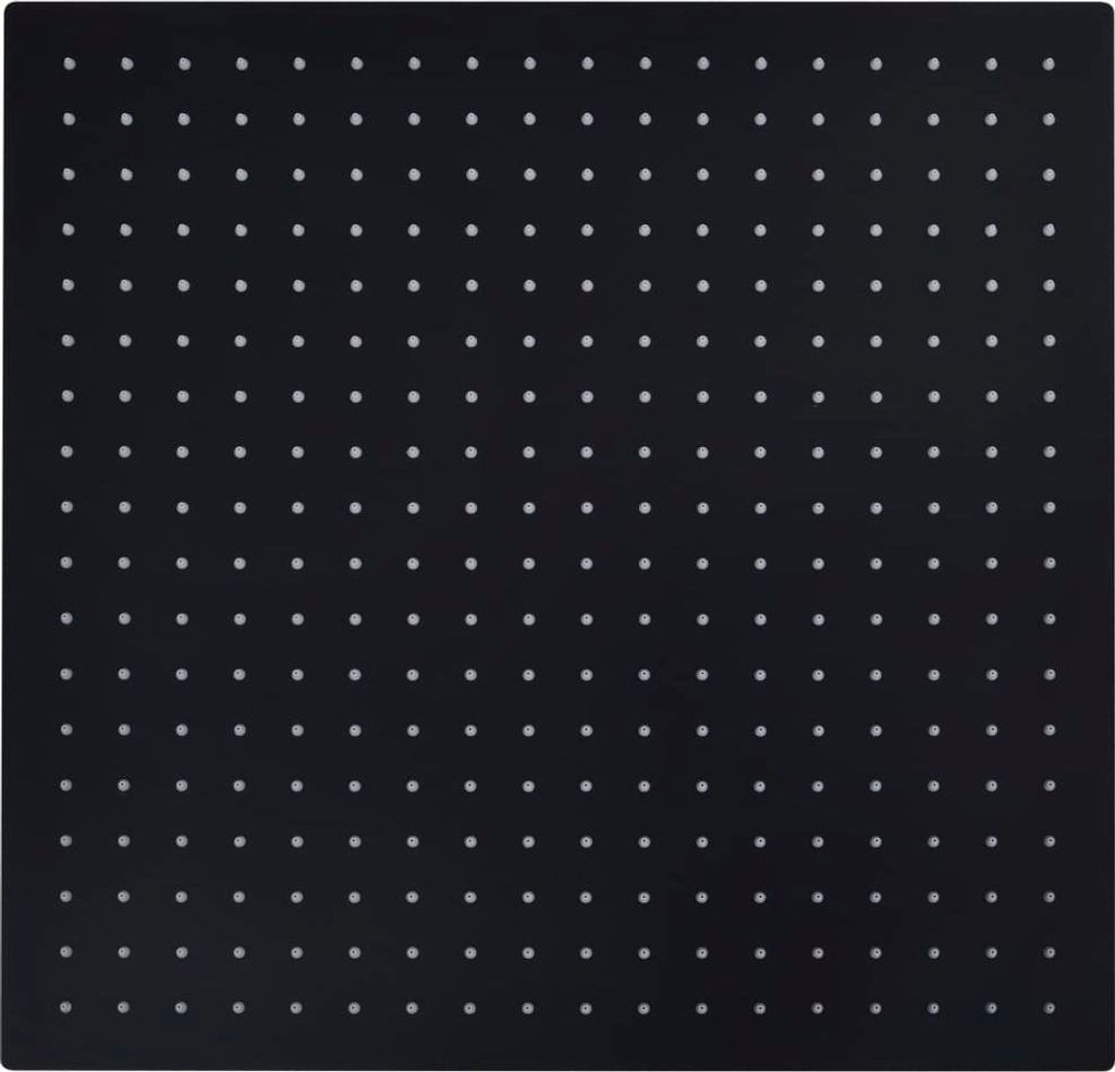 A black square showerhead with a grid of small, light-colored dots.